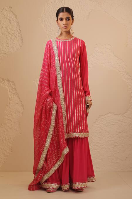 Shop_Tuli_Pink Chiffon, Georgette Zari, Sequins Round Neck Shaam Dark Sharara Set _Online_at_Aza_Fashions