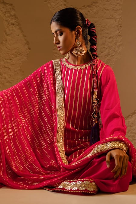Tuli_Pink Chiffon, Georgette Zari, Sequins Round Neck Shaam Dark Sharara Set _at_Aza_Fashions