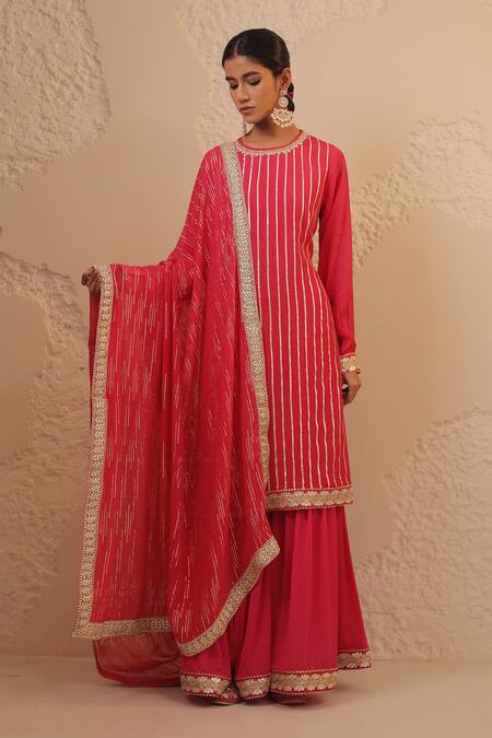 Buy_Tuli_Pink Chiffon, Georgette Zari, Sequins Round Neck Shaam Dark Sharara Set 