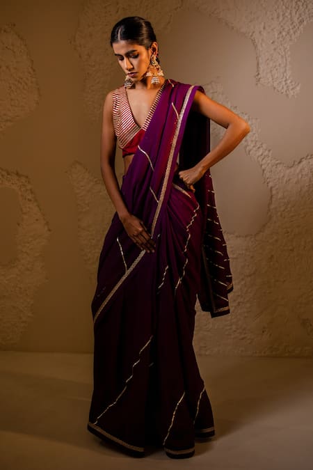 Tuli_Purple Organza, Silk V-neck Sur Saree Set _Online_at_Aza_Fashions