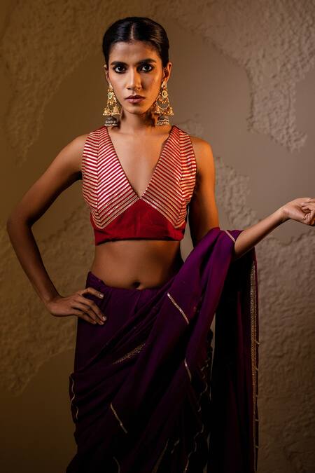 Buy_Tuli_Purple Organza, Silk V-neck Sur Saree Set _Online_at_Aza_Fashions