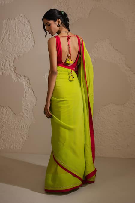 Tuli_Green Organza Rangeeli Saree _Online_at_Aza_Fashions