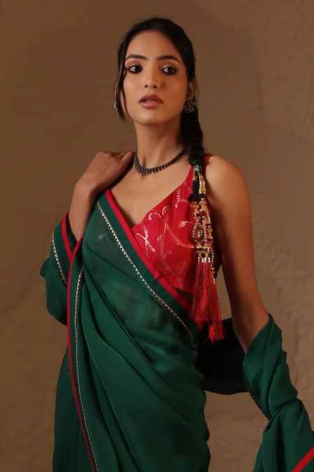 Shop Tuli Green Organza, Chanderi Tassels Round Neck Gulaal Dark Saree Set at Aza Fashions Shop_Tuli_Green Organza, Chanderi Tassels Round Neck Gulaal Dark Saree Set _at_Aza_Fashions