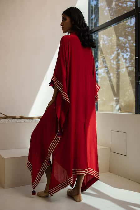 Shop Tuli Red Crepe Tassels V-neck Sindoori Kaftan With Trim at Aza Fashions Shop_Tuli_Red Crepe Tassels V-neck Sindoori Kaftan With Trim _at_Aza_Fashions