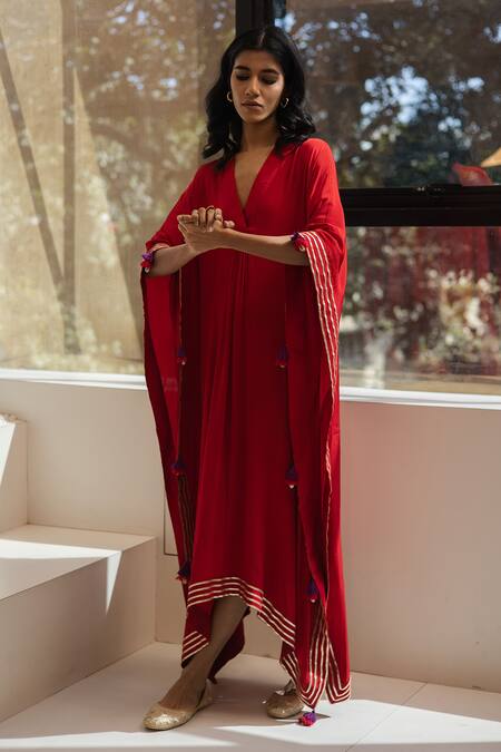 Tuli Red Crepe Tassels V-neck Sindoori Kaftan With Trim Online at Aza Fashions Tuli_Red Crepe Tassels V-neck Sindoori Kaftan With Trim _Online_at_Aza_Fashions
