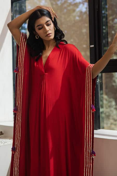 Tuli Red Crepe Tassels V-neck Sindoori Kaftan With Trim at Aza Fashions Tuli_Red Crepe Tassels V-neck Sindoori Kaftan With Trim _at_Aza_Fashions