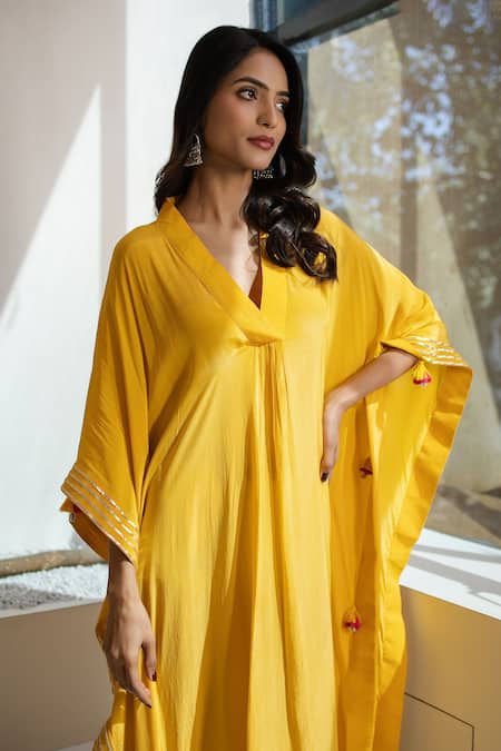 Tuli Yellow Crepe Tassels V-neck Piyar Kaftan Online at Aza Fashions Tuli_Yellow Crepe Tassels V-neck Piyar Kaftan _Online_at_Aza_Fashions