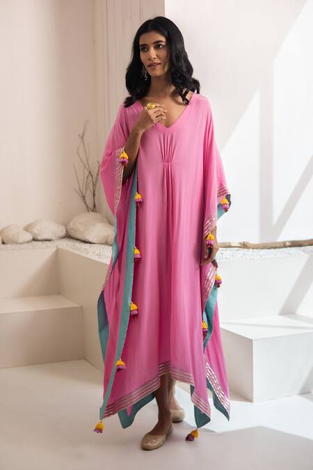 Tuli Pink Crepe Tassels V-neck Gulaliya Kaftan Online at Aza Fashions Tuli_Pink Crepe Tassels V-neck Gulaliya Kaftan _Online_at_Aza_Fashions