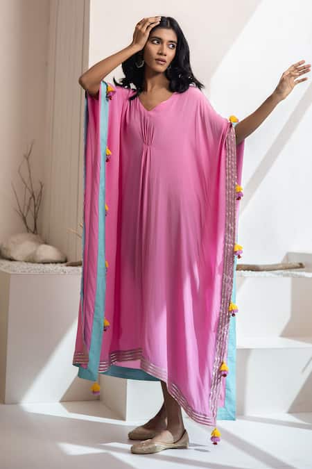 Shop Tuli Pink Crepe Tassels V-neck Gulaliya Kaftan Online at Aza Fashions Shop_Tuli_Pink Crepe Tassels V-neck Gulaliya Kaftan _Online_at_Aza_Fashions