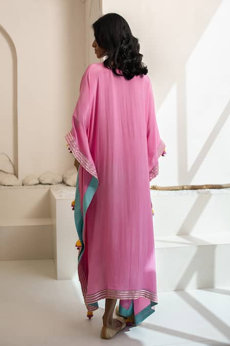 Shop Tuli Pink Crepe Tassels V-neck Gulaliya Kaftan at Aza Fashions Shop_Tuli_Pink Crepe Tassels V-neck Gulaliya Kaftan _at_Aza_Fashions