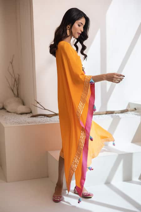 Tuli Orange Crepe Tassels Round Neck Aagiya Kaftan Online at Aza Fashions Tuli_Orange Crepe Tassels Round Neck Aagiya Kaftan _Online_at_Aza_Fashions