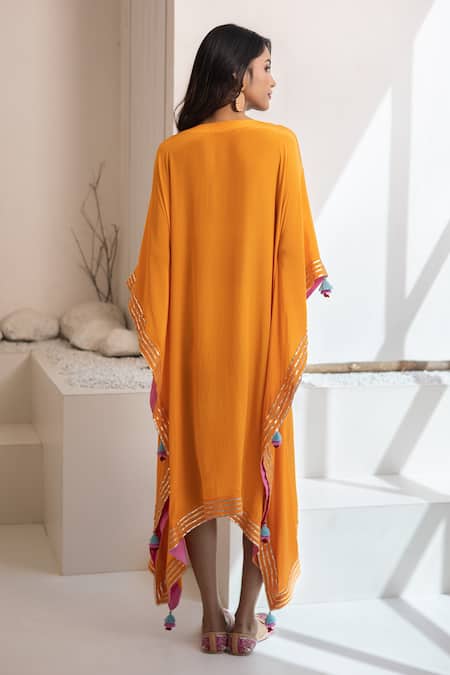 Shop Tuli Orange Crepe Tassels Round Neck Aagiya Kaftan at Aza Fashions Shop_Tuli_Orange Crepe Tassels Round Neck Aagiya Kaftan _at_Aza_Fashions