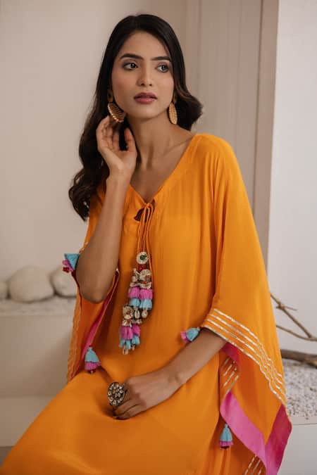 Shop Tuli Orange Crepe Tassels Round Neck Aagiya Kaftan Online at Aza Fashions Shop_Tuli_Orange Crepe Tassels Round Neck Aagiya Kaftan _Online_at_Aza_Fashions