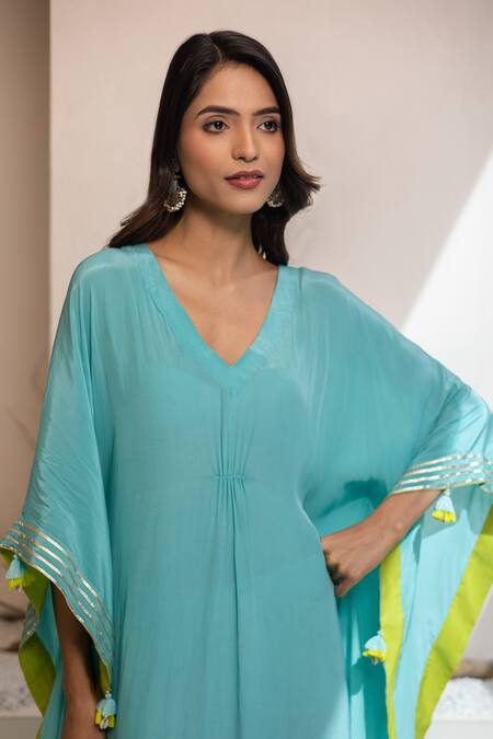 Shop Tuli Blue Crepe Tassels V-neck Firozi Kaftan Online at Aza Fashions Shop_Tuli_Blue Crepe Tassels V-neck Firozi Kaftan _Online_at_Aza_Fashions