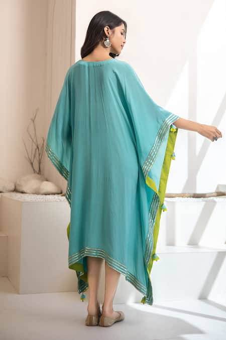 Shop Tuli Blue Crepe Tassels V-neck Firozi Kaftan at Aza Fashions Shop_Tuli_Blue Crepe Tassels V-neck Firozi Kaftan _at_Aza_Fashions