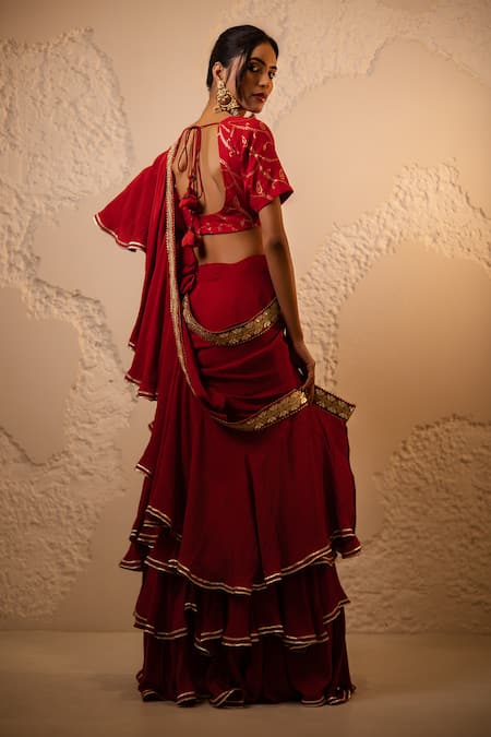 Shop_Avaha_Red Crepe Embroidery Round Neck Ranrez Pre-draped Saree Set _at_Aza_Fashions