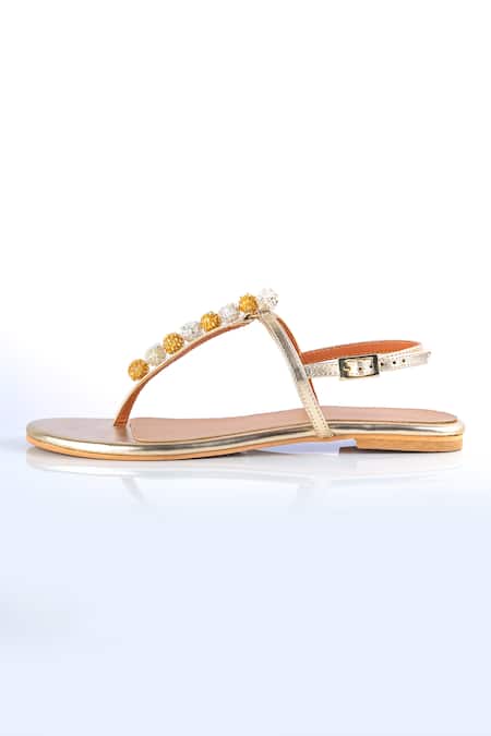 Preet Kaur Gold Burano T Strap Flats Online at Aza Fashions Preet Kaur_Gold Burano T Strap Flats _Online_at_Aza_Fashions