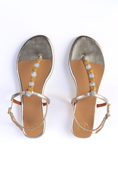Shop Preet Kaur Gold Burano T Strap Flats Online at Aza Fashions Shop_Preet Kaur_Gold Burano T Strap Flats _Online_at_Aza_Fashions