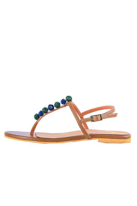 Preet Kaur_Tan Beads T Strap Flats With Cutdana Embellishments _Online_at_Aza_Fashions