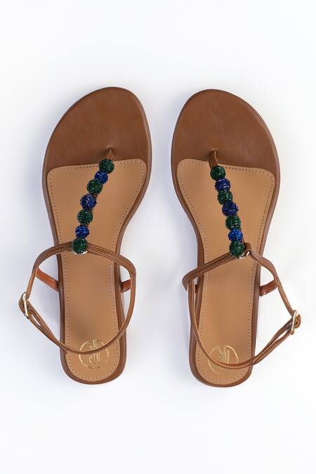 Buy_Preet Kaur_Tan Beads T Strap Flats With Cutdana Embellishments _Online_at_Aza_Fashions
