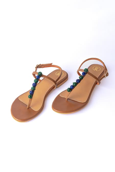 Preet Kaur T Strap Flats with Cutdana Embellishments 