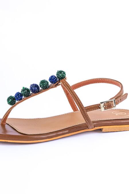 Shop_Preet Kaur_Tan Beads T Strap Flats With Cutdana Embellishments _Online_at_Aza_Fashions