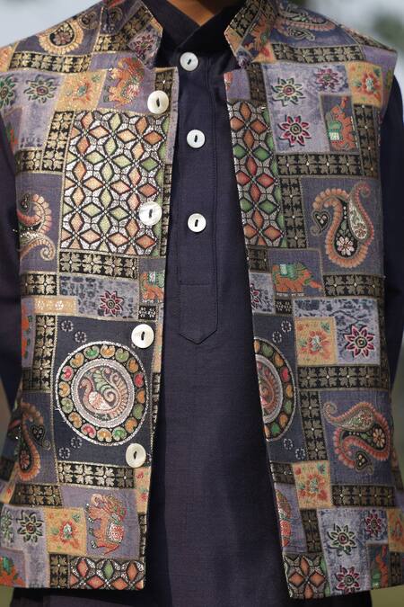 Buy_Taber Tikri_Blue Cotton, Silk Embroidery Mughal Printed Nehru Jacket Set _Online_at_Aza_Fashions