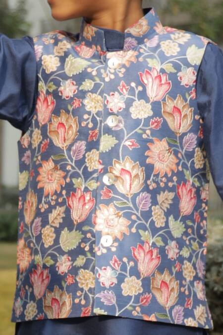 Taber Tikri_Blue Cotton, Silk Embroidery Floral Printed Nehru Jacket Set _Online_at_Aza_Fashions