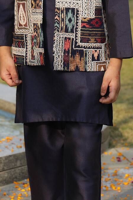 Taber Tikri_Blue Cotton, Silk Designer Kurta Set _Online_at_Aza_Fashions