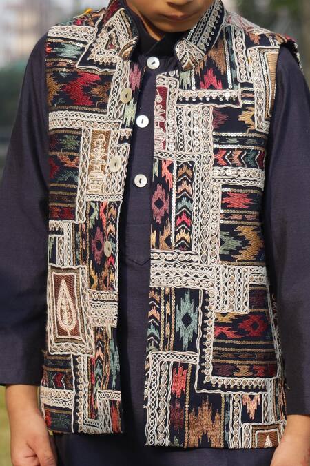 Buy_Taber Tikri_Blue Cotton, Silk Designer Kurta Set _Online_at_Aza_Fashions