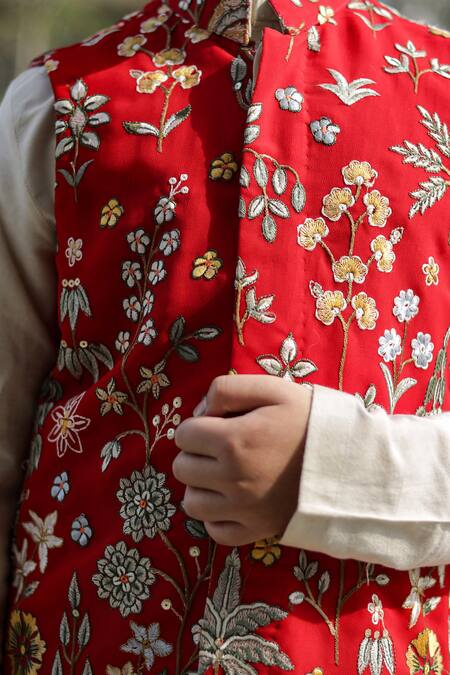 Buy_Taber Tikri_Red Cotton, Silk, Georgette Embroidery Floral Work Nehru Jacket Set _Online_at_Aza_Fashions