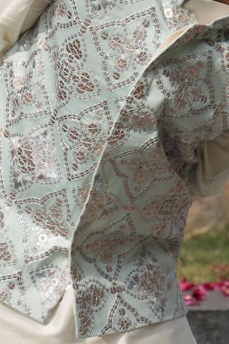 Taber Tikri White Cotton, Silk Embroidery, Sequins Blue Geometrical Nehru Jacket Set Online at Aza Fashions Taber Tikri_White Cotton, Silk Embroidery, Sequins Blue Geometrical Nehru Jacket Set _Online_at_Aza_Fashions