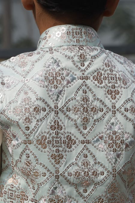 Taber Tikri White Blue Geometrical Embroidered Nehru Jacket Set 