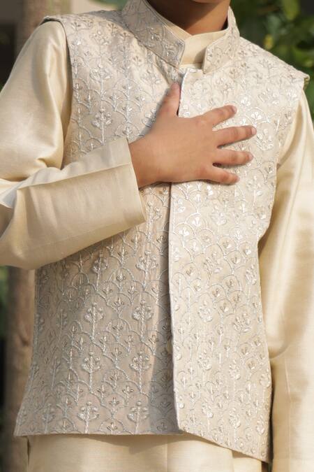 Shop_Taber Tikri_Beige Cotton, Silk Embroidery Kids Kurta Set _Online_at_Aza_Fashions