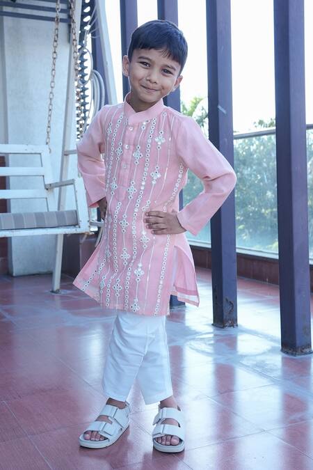 Shop_Taber Tikri_Pink Chanderi, Cotton, Silk Embroidery Designer Kurta Set _Online_at_Aza_Fashions