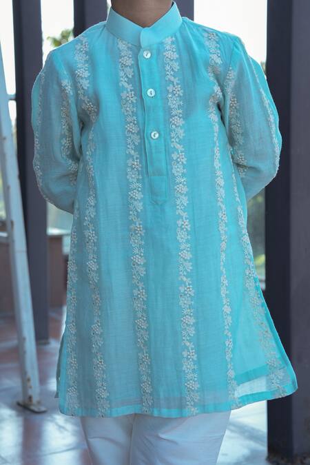 Taber Tikri Blue Chanderi, Cotton Embroidery Floral Kurta Set Online at Aza Fashions Taber Tikri_Blue Chanderi, Cotton Embroidery Floral Kurta Set _Online_at_Aza_Fashions