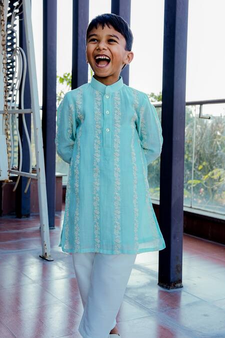 Buy Taber Tikri Blue Chanderi, Cotton Embroidery Floral Kurta Set Online at Aza Fashions Buy_Taber Tikri_Blue Chanderi, Cotton Embroidery Floral Kurta Set _Online_at_Aza_Fashions