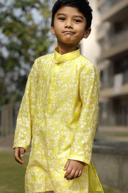 Buy Taber Tikri Yellow Chanderi, Cotton Embroidery Floral Print Kurta Set Buy_Taber Tikri_Yellow Chanderi, Cotton Embroidery Floral Print Kurta Set