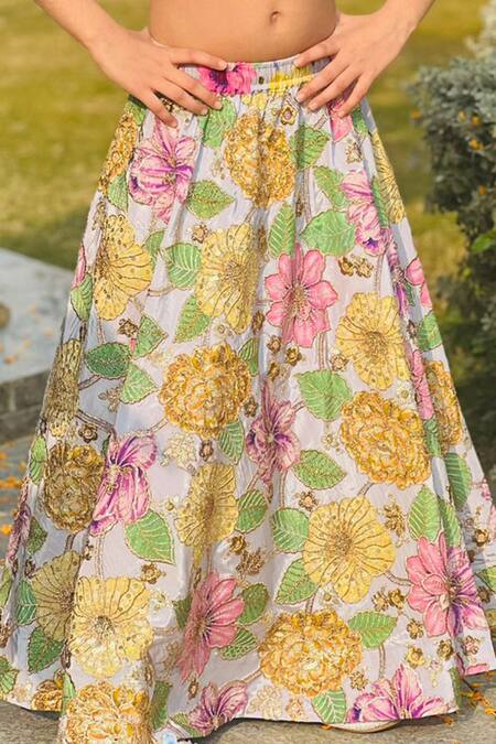 Shop Taber Tikri Multi Color Chiffon, Cotton Embroidery Floral Print Designer Lehenga Set Online at Aza Fashions Shop_Taber Tikri_Multi Color Chiffon, Cotton Embroidery Floral Print Designer Lehenga Set _Online_at_Aza_Fashions