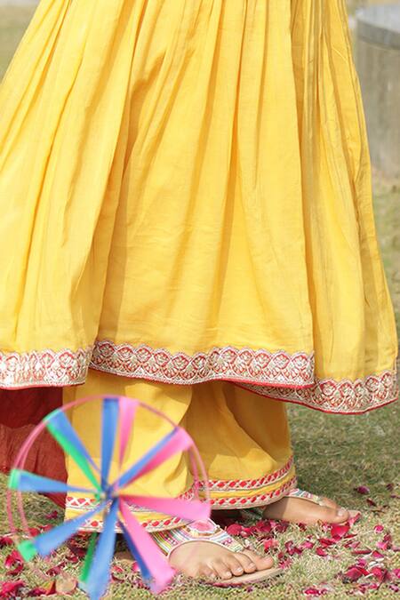 Taber Tikri_Yellow Cotton Embroidery Designer Kurta Set _Online_at_Aza_Fashions