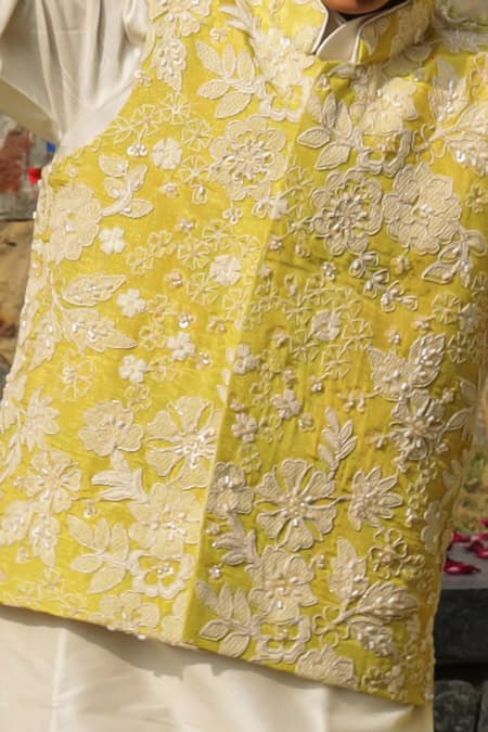 Buy Taber Tikri Yellow Cotton, Silk Embroidery Nehru Jacket Set Online at Aza Fashions Buy_Taber Tikri_Yellow Cotton, Silk Embroidery Nehru Jacket Set _Online_at_Aza_Fashions