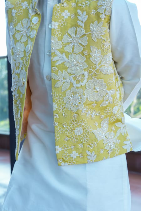Taber Tikri Yellow Cotton, Silk Embroidery Nehru Jacket Set at Aza Fashions Taber Tikri_Yellow Cotton, Silk Embroidery Nehru Jacket Set _at_Aza_Fashions