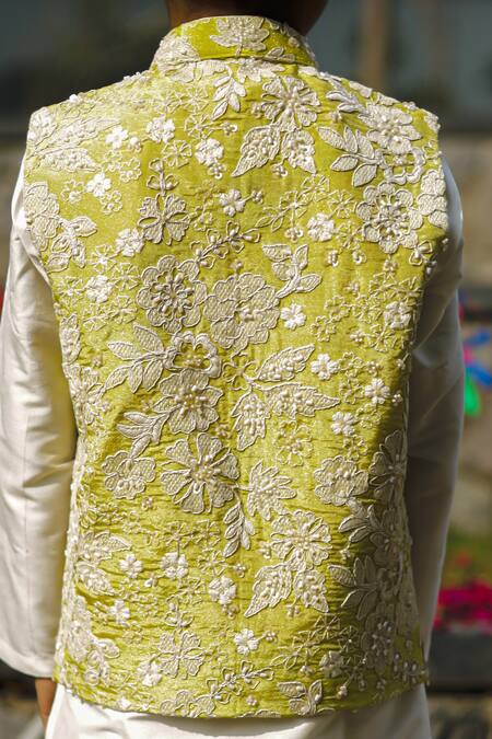 Shop Taber Tikri Yellow Cotton, Silk Embroidery Nehru Jacket Set Shop_Taber Tikri_Yellow Cotton, Silk Embroidery Nehru Jacket Set