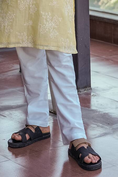 Taber Tikri_Yellow Chanderi, Cotton, Silk Embroidery Floral Print Kurta Set _Online_at_Aza_Fashions