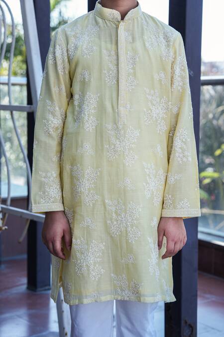Shop_Taber Tikri_Yellow Chanderi, Cotton, Silk Embroidery Floral Print Kurta Set _Online_at_Aza_Fashions