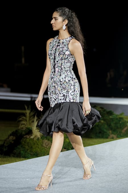 Mishru_Black Silk, Organza Embroidery Round Neck Myna Floral Midi Dress _Online_at_Aza_Fashions