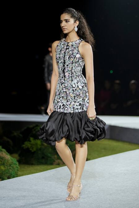 Buy_Mishru_Black Silk, Organza Embroidery Round Neck Myna Floral Midi Dress _Online_at_Aza_Fashions