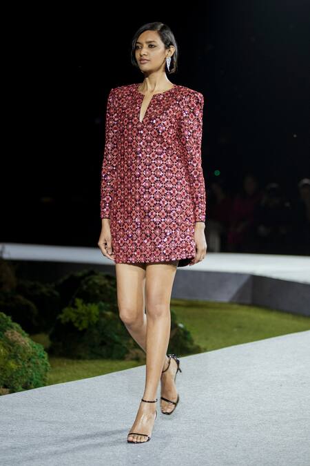 Mishru_Red Tulle Keyhole Neck Blair Floral Print Short Dress _Online_at_Aza_Fashions