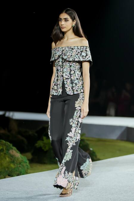 Mishru Black Organza Embroidery Off-shoulder Pant Set Online at Aza Fashions Mishru_Black Organza Embroidery Off-shoulder Pant Set _Online_at_Aza_Fashions