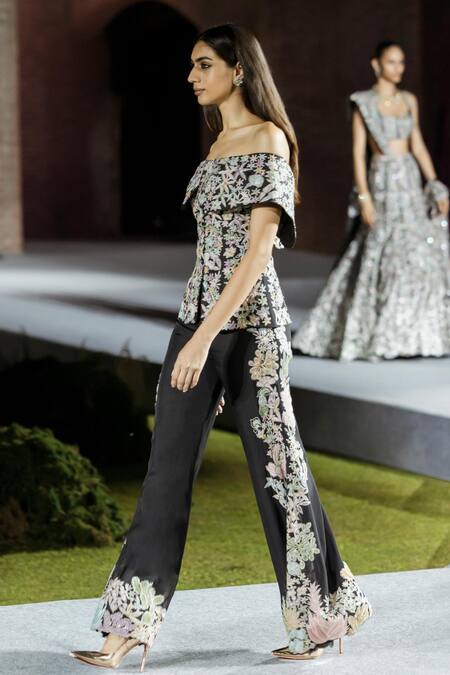 Buy Mishru Black Organza Embroidery Off-shoulder Pant Set Online at Aza Fashions Buy_Mishru_Black Organza Embroidery Off-shoulder Pant Set _Online_at_Aza_Fashions